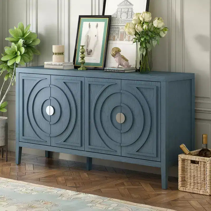 Buffet Rétro avec Design Rainure Circulaire et Poignée de Porte Ronde en Métal pour Salon, Entrée, Salle à Manger