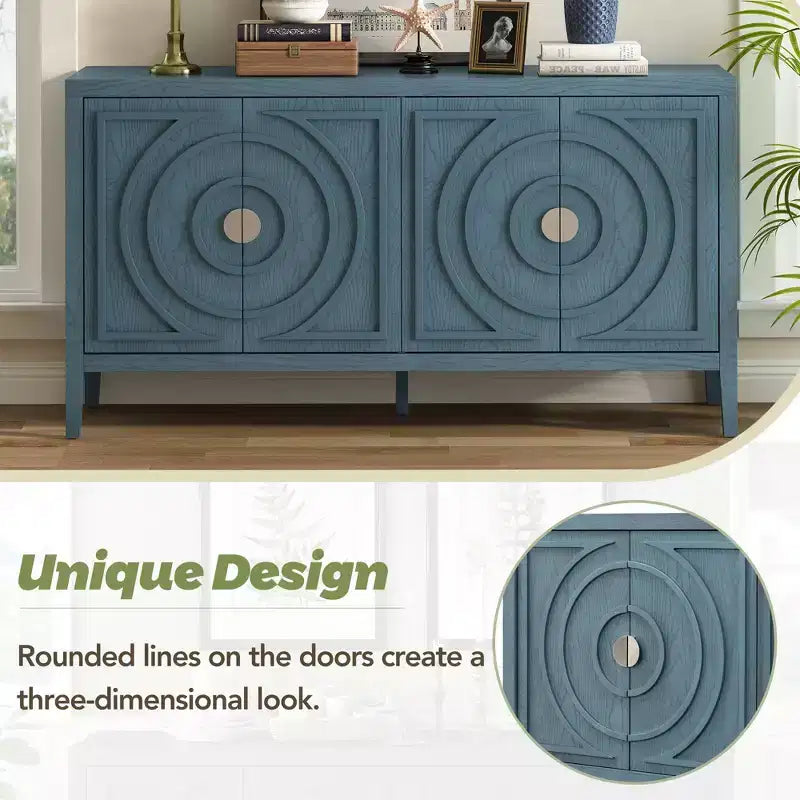 Buffet Rétro avec Design Rainure Circulaire et Poignée de Porte Ronde en Métal pour Salon, Entrée, Salle à Manger