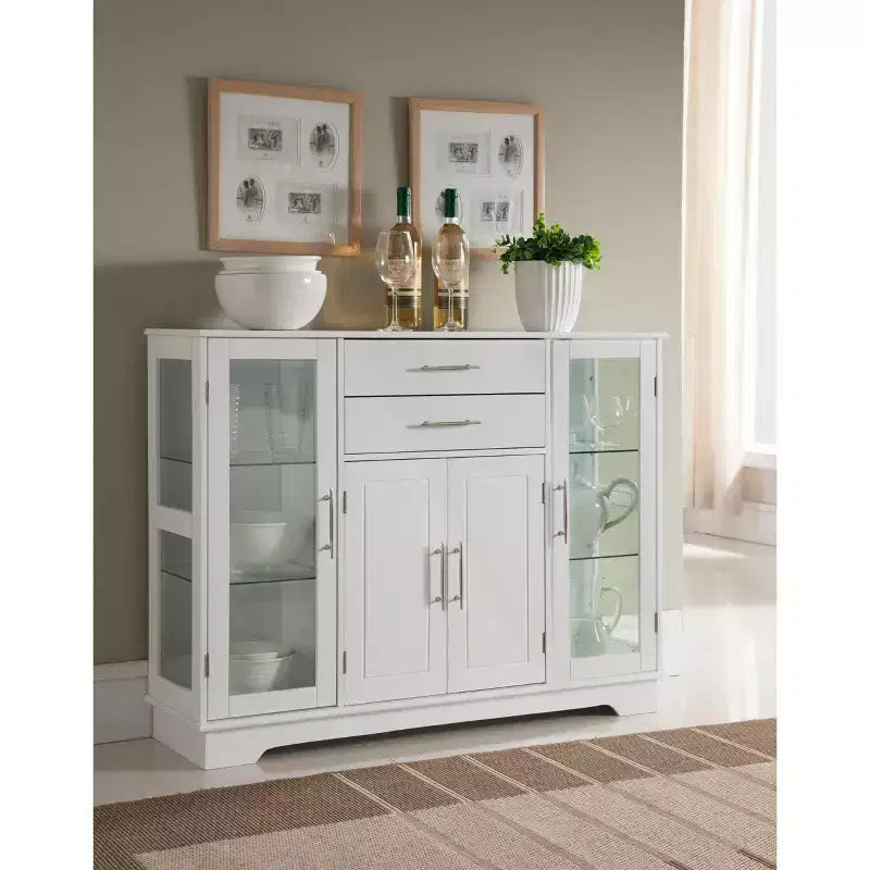Kings Brand Furniture Santi 4-Door Kitchen Storage Buffet Display Cabinet with Glass Doors, White