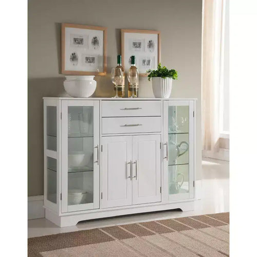 Kings Brand Furniture Santi 4-Door Kitchen Storage Buffet Display Cabinet with Glass Doors, White