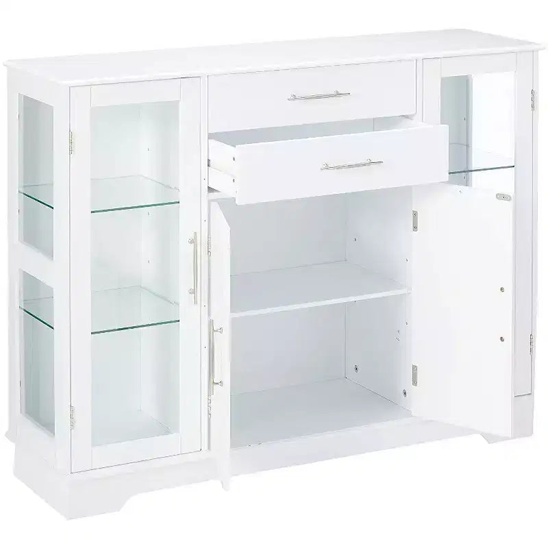 Buffet de cuisine 4 portes avec vitrines et placards, Blanc
