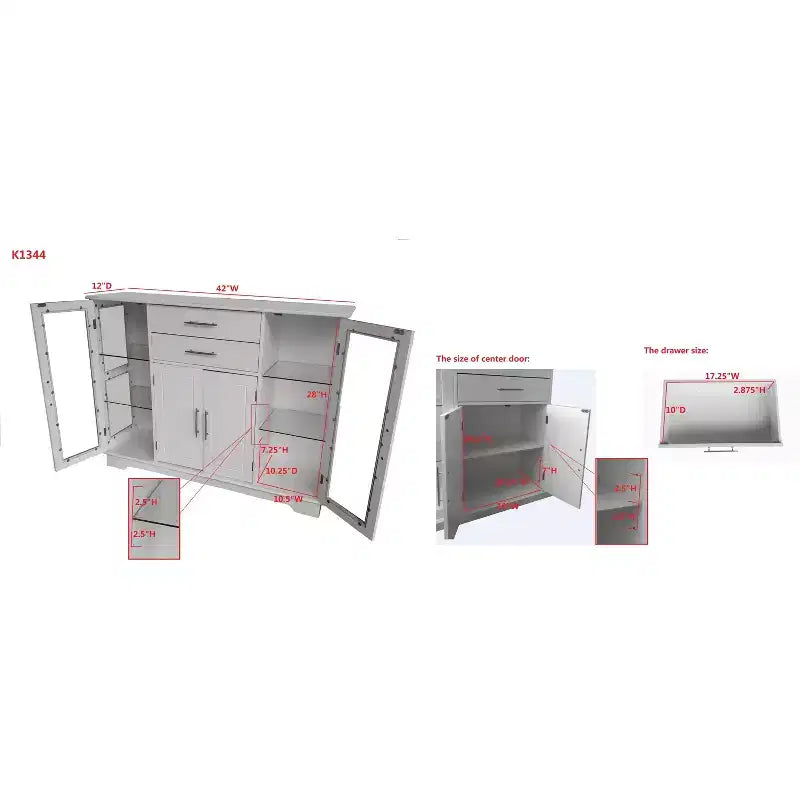 Buffet de cuisine 4 portes avec vitrines et placards, Blanc
