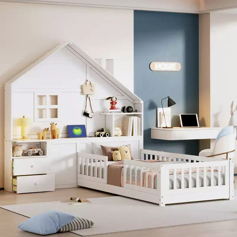 Twin/Full Size House Bed with Window Platform Bed Frame with Bedside Drawers, Shelves, a set of Sockets and USB Port, White-ModernLuxe