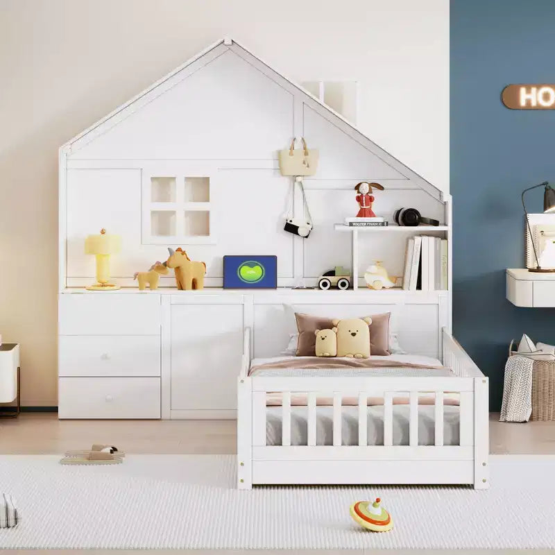 Lit cabane double/grand format avec cadre de lit plateforme à fenêtre avec tiroirs de chevet, étagères, un ensemble de prises et un port USB, Blanc