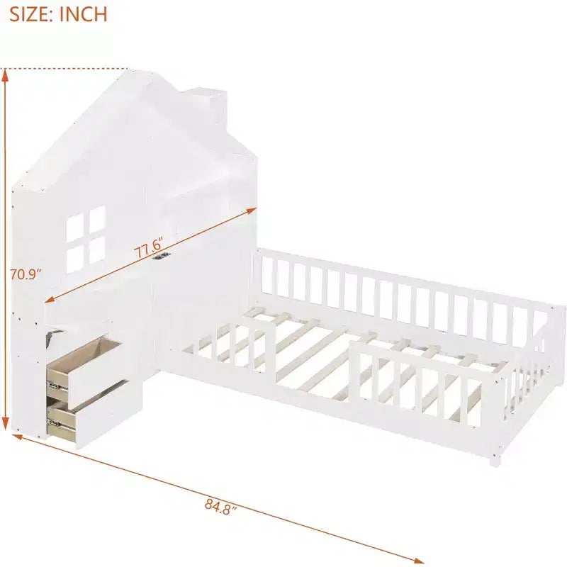 Lit cabane double/grand format avec cadre de lit plateforme à fenêtre avec tiroirs de chevet, étagères, un ensemble de prises et un port USB, Blanc