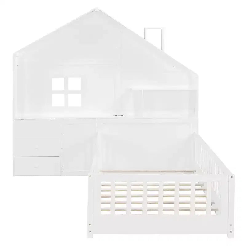 Lit cabane double/grand format avec cadre de lit plateforme à fenêtre avec tiroirs de chevet, étagères, un ensemble de prises et un port USB, Blanc