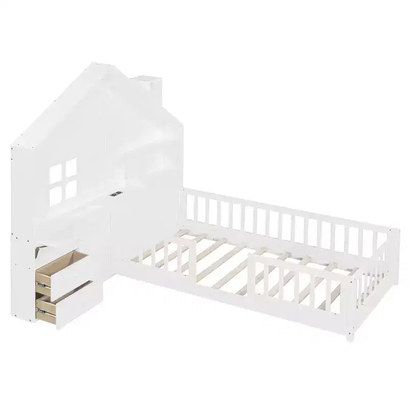 Lit cabane double/grand format avec cadre de lit plateforme à fenêtre avec tiroirs de chevet, étagères, un ensemble de prises et un port USB, Blanc