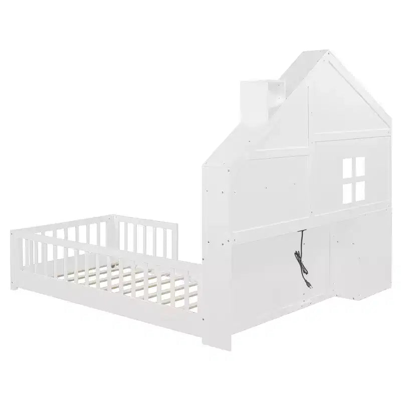 Lit cabane double/grand format avec cadre de lit plateforme à fenêtre avec tiroirs de chevet, étagères, un ensemble de prises et un port USB, Blanc