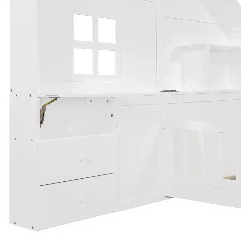 Lit cabane double/grand format avec cadre de lit plateforme à fenêtre avec tiroirs de chevet, étagères, un ensemble de prises et un port USB, Blanc