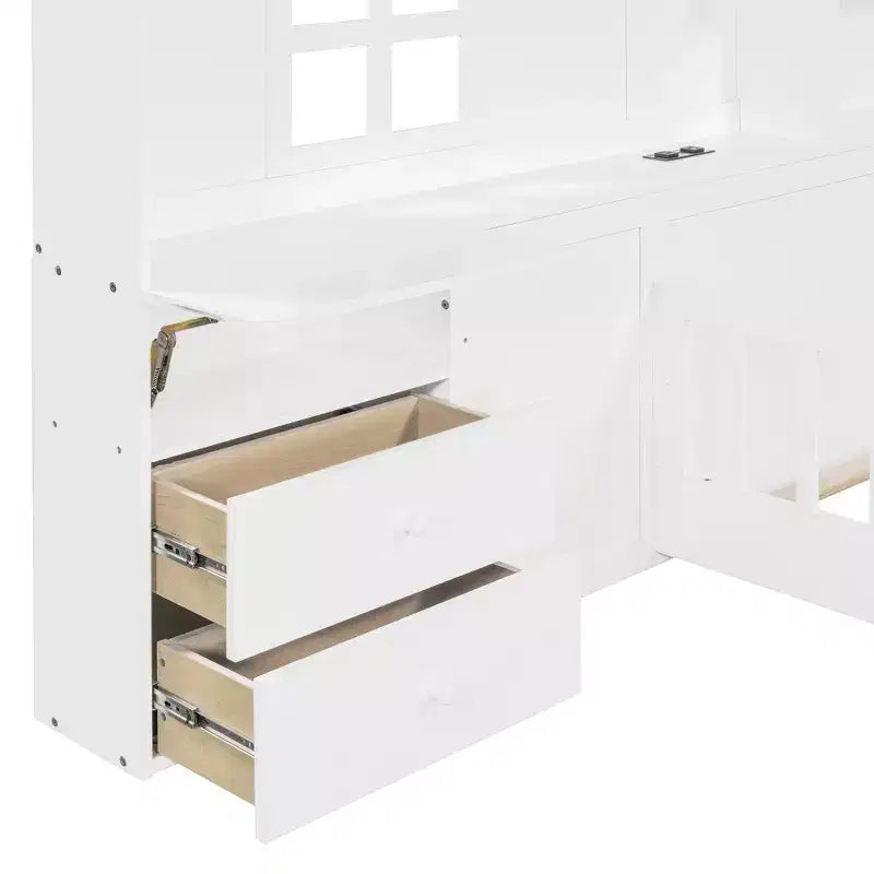 Lit cabane double/grand format avec cadre de lit plateforme à fenêtre avec tiroirs de chevet, étagères, un ensemble de prises et un port USB, Blanc