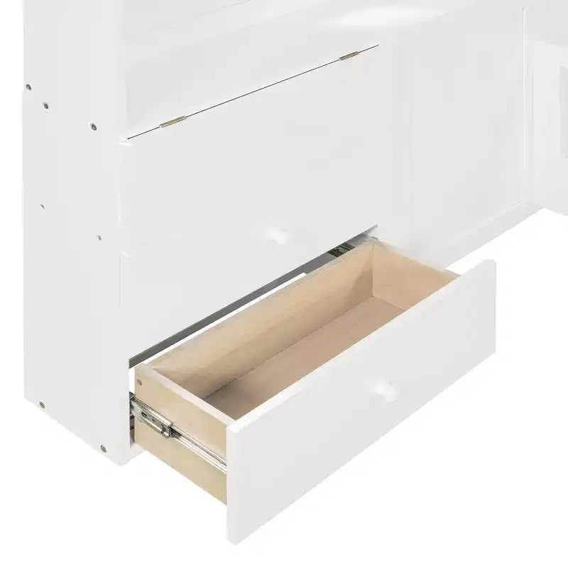 Lit cabane double/grand format avec cadre de lit plateforme à fenêtre avec tiroirs de chevet, étagères, un ensemble de prises et un port USB, Blanc