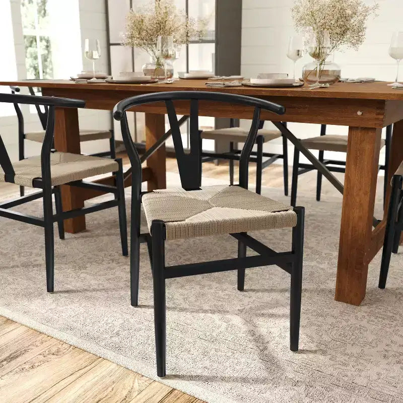 Chaise de salle à manger empilable avec dossier en Y, structure en bois massif, assise en corde de papier kraft tressée