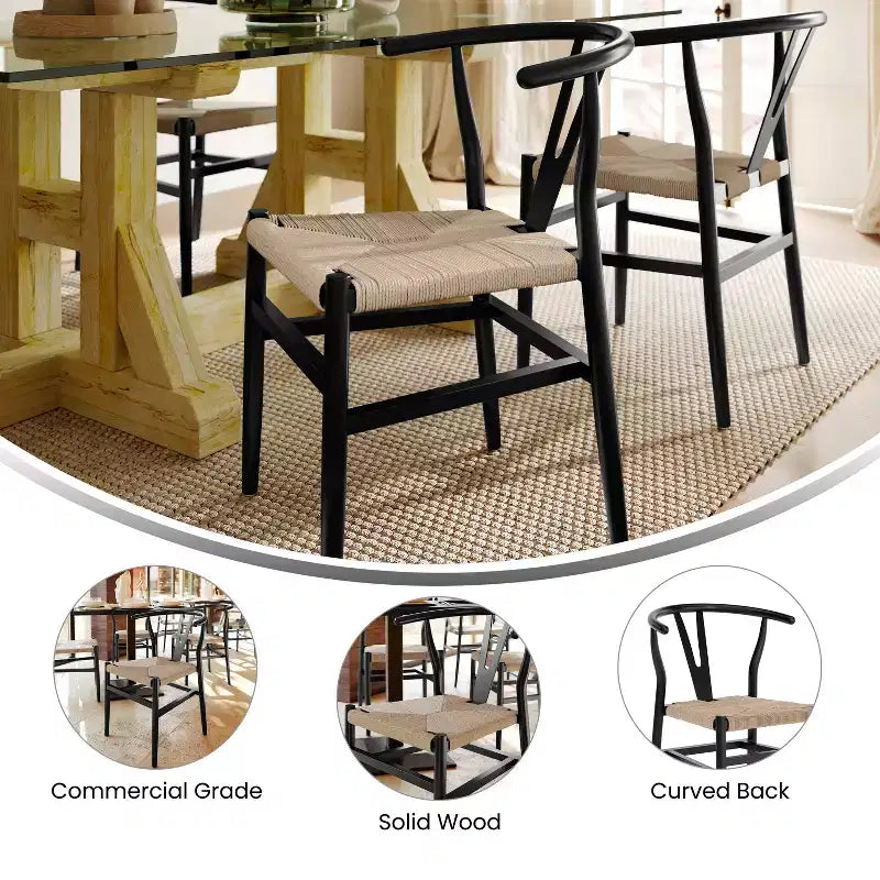 Chaise de salle à manger empilable avec dossier en Y, structure en bois massif, assise en corde de papier kraft tressée
