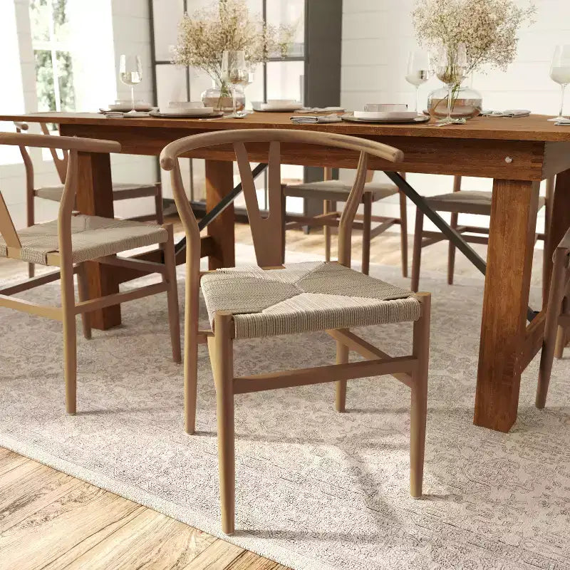 Chaise de salle à manger empilable avec dossier en Y, structure en bois massif, assise en corde de papier kraft tressée