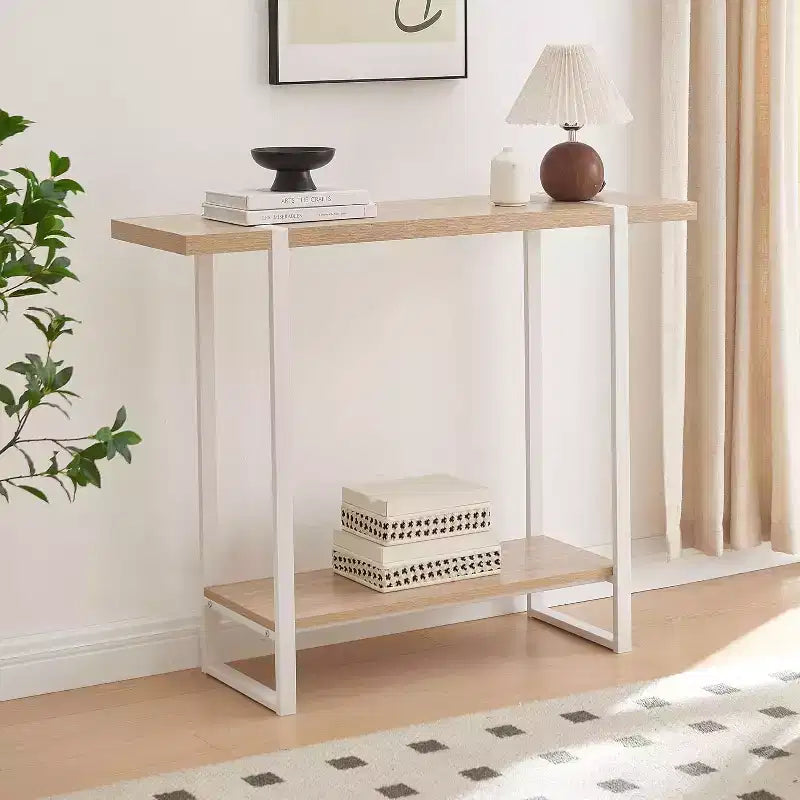 Table console avec étagères - Table de canapé moderne en métal et bois pour salon, entrée, couloir, hall d'entrée