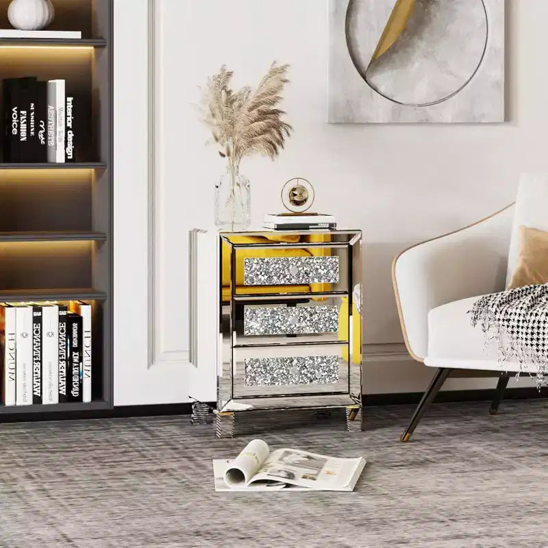 Table de chevet effet miroir avec 3 tiroirs, table d'appoint moderne pour chevet, finition miroir
