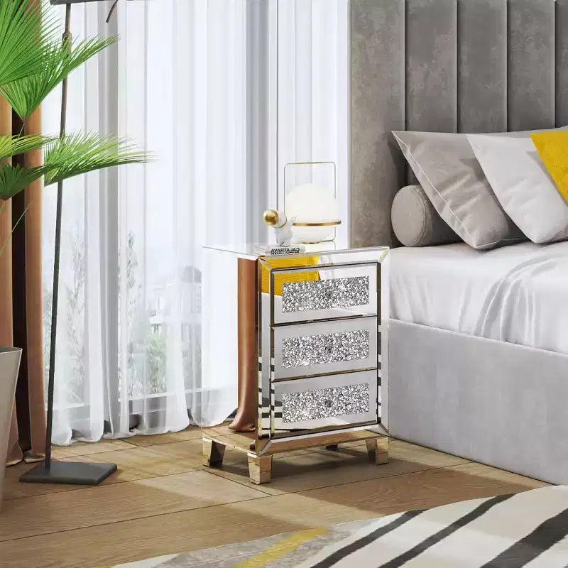 Table de chevet effet miroir avec 3 tiroirs, table d'appoint moderne pour chevet, finition miroir