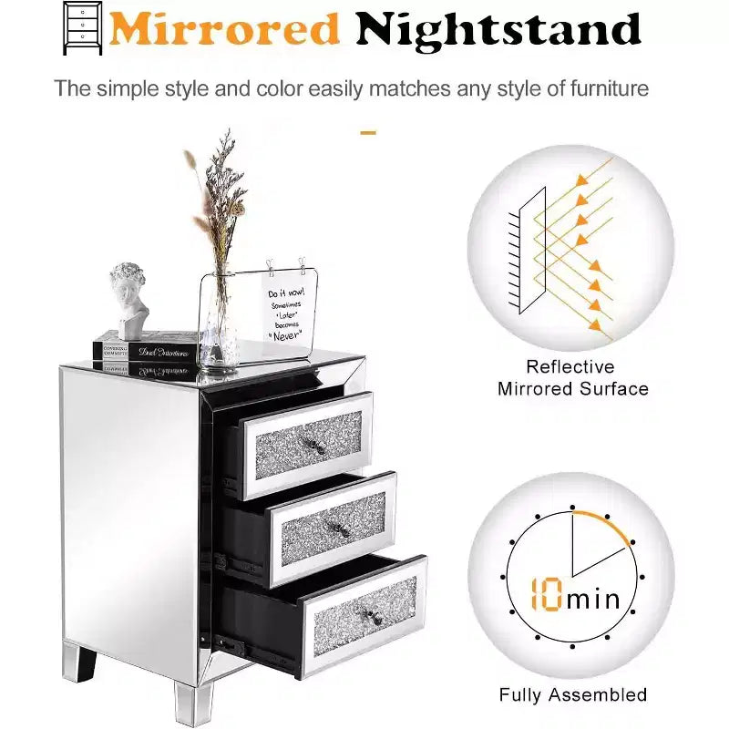 Table de chevet effet miroir avec 3 tiroirs, table d'appoint moderne pour chevet, finition miroir