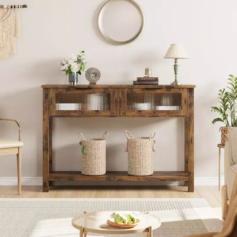 Table d'entrée de 109,98 cm, console en bois avec 2 tiroirs en verre et étagère ouverte, rangement derrière le canapé, dans le hall d'entrée, pour le salon, le couloir