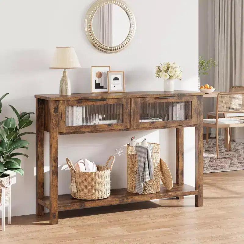 Table d'entrée de 109,98 cm, console en bois avec 2 tiroirs en verre et étagère ouverte, rangement derrière le canapé, dans le hall d'entrée, pour le salon, le couloir