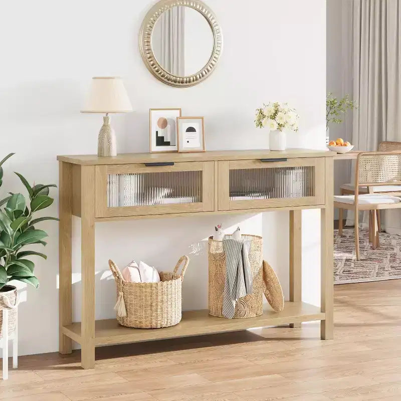 Table d'entrée de 109,98 cm, console en bois avec 2 tiroirs en verre et étagère ouverte, rangement derrière le canapé, dans le hall d'entrée, pour le salon, le couloir