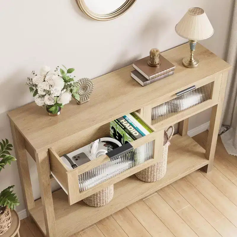 Table d'entrée de 109,98 cm, console en bois avec 2 tiroirs en verre et étagère ouverte, rangement derrière le canapé, dans le hall d'entrée, pour le salon, le couloir