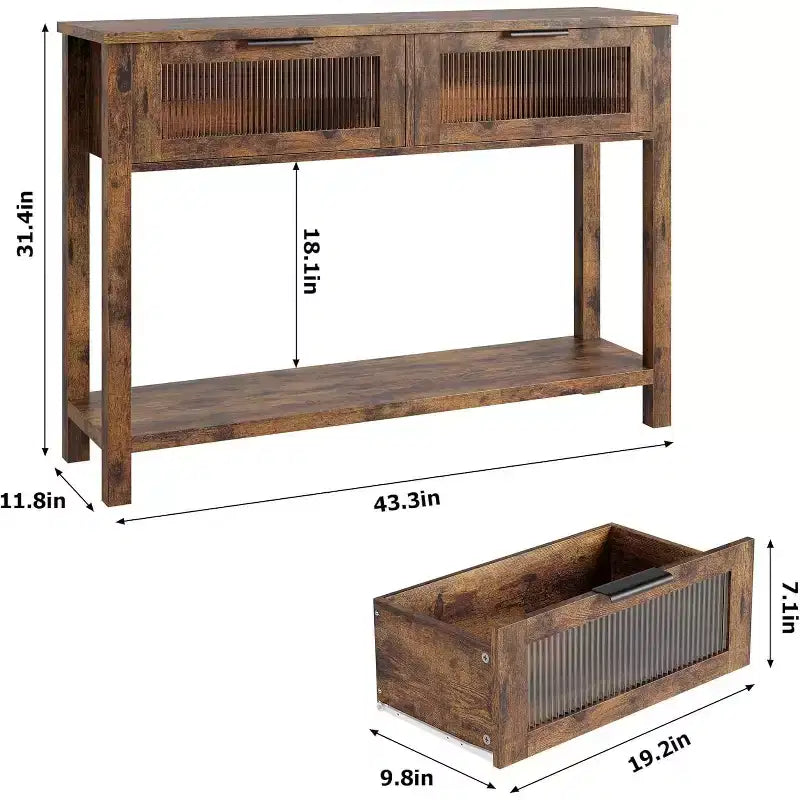 Table d'entrée de 109,98 cm, console en bois avec 2 tiroirs en verre et étagère ouverte, rangement derrière le canapé, dans le hall d'entrée, pour le salon, le couloir