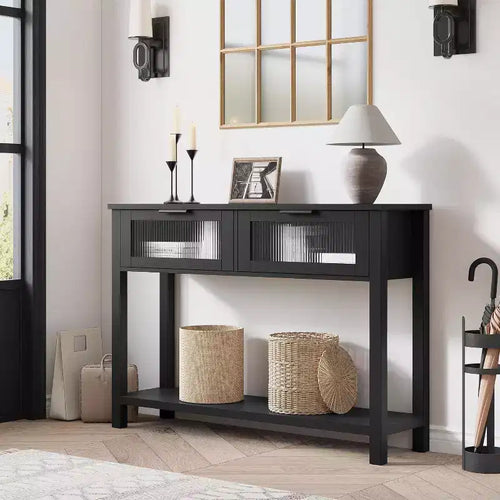43.3'' Entryway Table, Wood Console Table with 2 Glass Drawers and Open Shelf,Behind Couch Entry Foyer Hallway Storage,for Living Room, Hallway