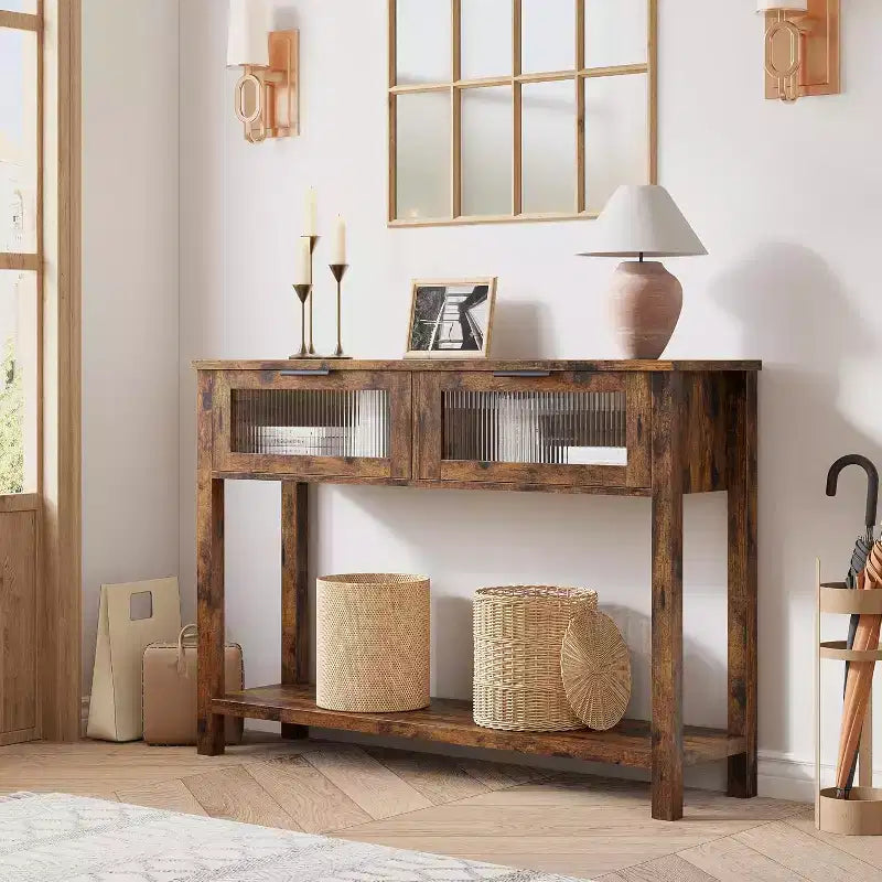 Table d'entrée de 109,98 cm, console en bois avec 2 tiroirs en verre et étagère ouverte, rangement derrière le canapé, dans le hall d'entrée, pour le salon, le couloir