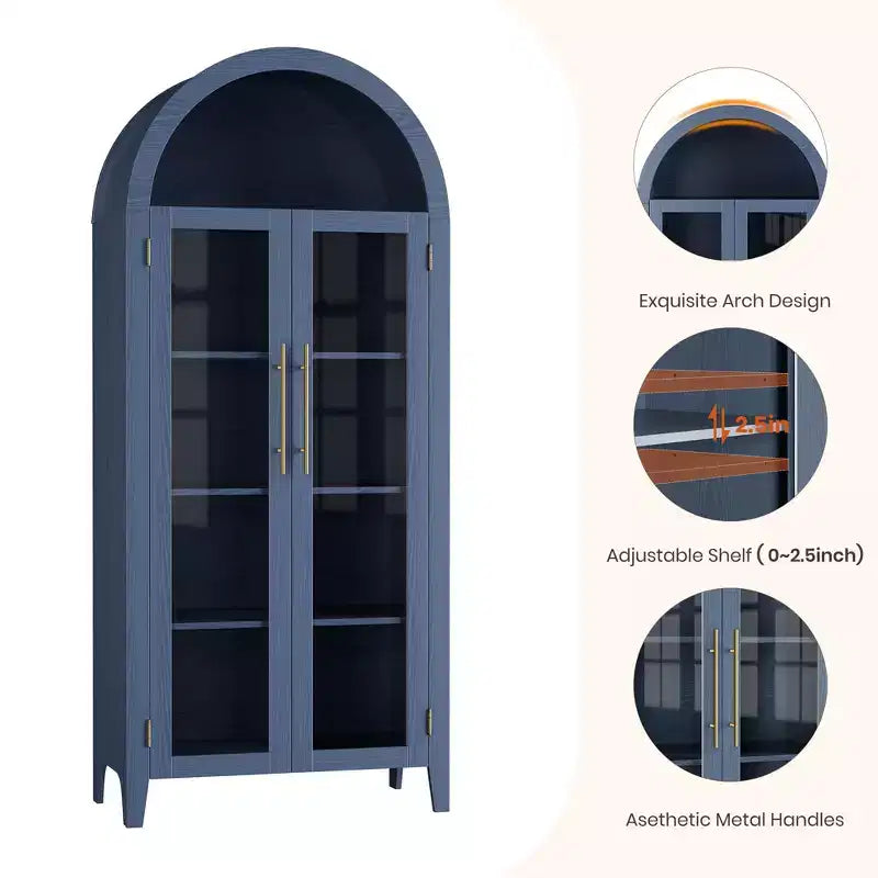63.2 Armoire de cuisine cintrée, étagère de présentation à 5 niveaux avec étagère réglable et 2 grandes portes vitrées, pour cuisine, salle à manger, salon