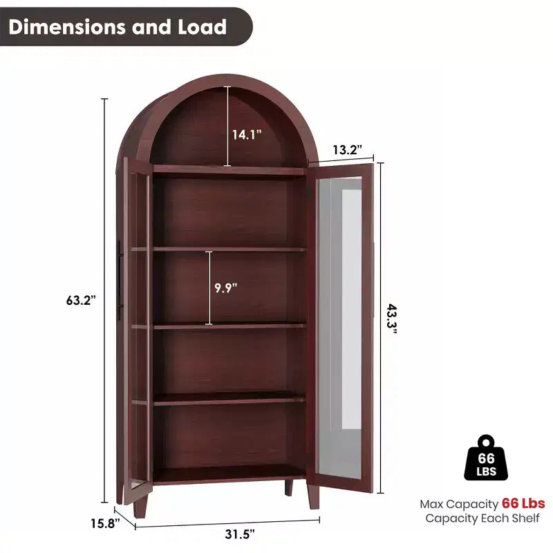 63.2 Armoire de cuisine cintrée, étagère de présentation à 5 niveaux avec étagère réglable et 2 grandes portes vitrées, pour cuisine, salle à manger, salon