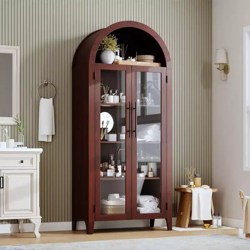 63.2 Armoire de cuisine cintrée, étagère de présentation à 5 niveaux avec étagère réglable et 2 grandes portes vitrées, pour cuisine, salle à manger, salon