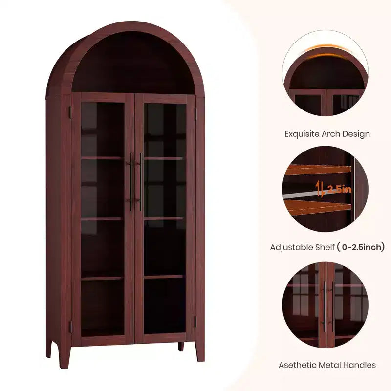 63.2 Armoire de cuisine cintrée, étagère de présentation à 5 niveaux avec étagère réglable et 2 grandes portes vitrées, pour cuisine, salle à manger, salon