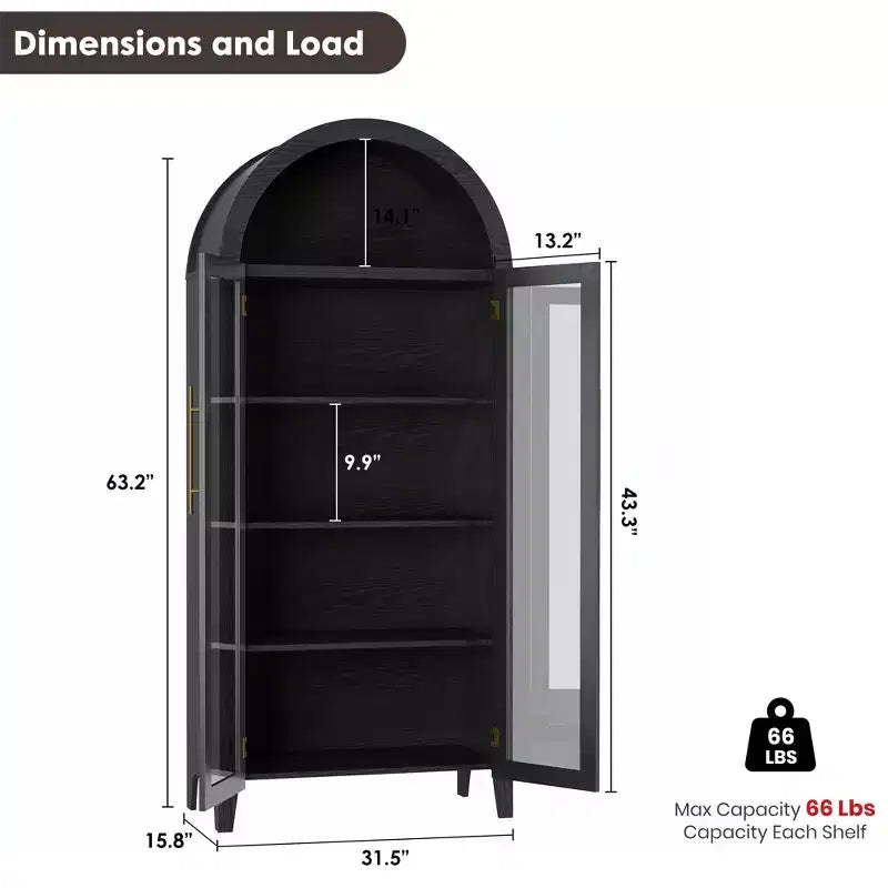 63.2 Armoire de cuisine cintrée, étagère de présentation à 5 niveaux avec étagère réglable et 2 grandes portes vitrées, pour cuisine, salle à manger, salon