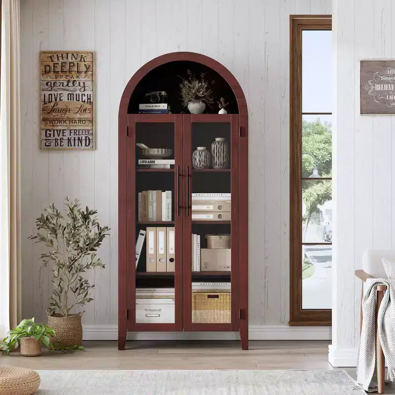 63.2 Armoire de cuisine cintrée, étagère de présentation à 5 niveaux avec étagère réglable et 2 grandes portes vitrées, pour cuisine, salle à manger, salon