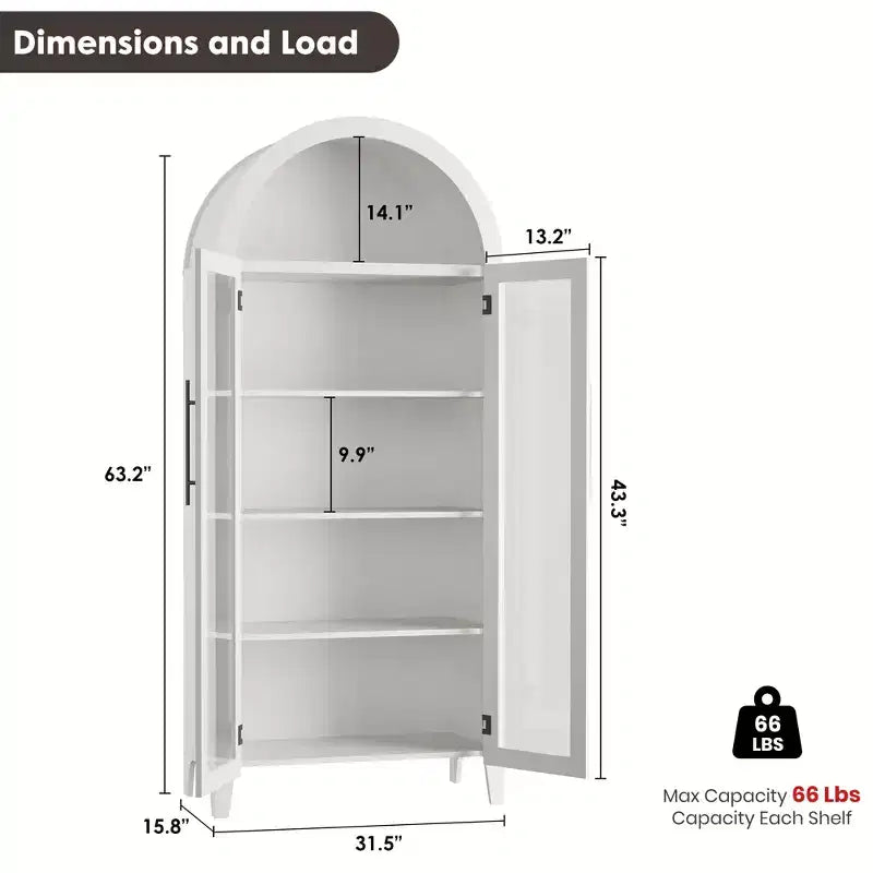 63.2 Armoire de cuisine cintrée, étagère de présentation à 5 niveaux avec étagère réglable et 2 grandes portes vitrées, pour cuisine, salle à manger, salon