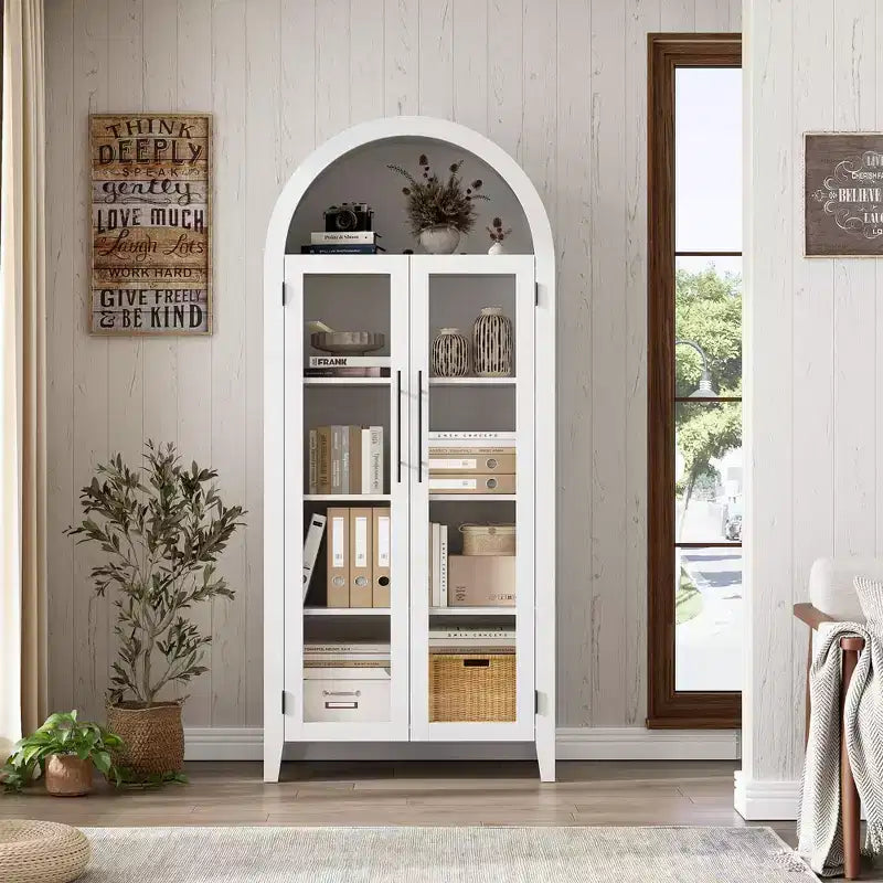 63.2 Armoire de cuisine cintrée, étagère de présentation à 5 niveaux avec étagère réglable et 2 grandes portes vitrées, pour cuisine, salle à manger, salon
