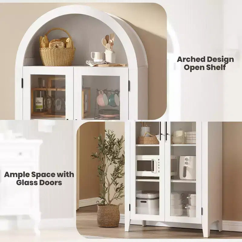 63.2 Armoire de cuisine cintrée, étagère de présentation à 5 niveaux avec étagère réglable et 2 grandes portes vitrées, pour cuisine, salle à manger, salon