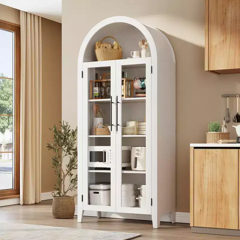 63.2 Armoire de cuisine cintrée, étagère de présentation à 5 niveaux avec étagère réglable et 2 grandes portes vitrées, pour cuisine, salle à manger, salon