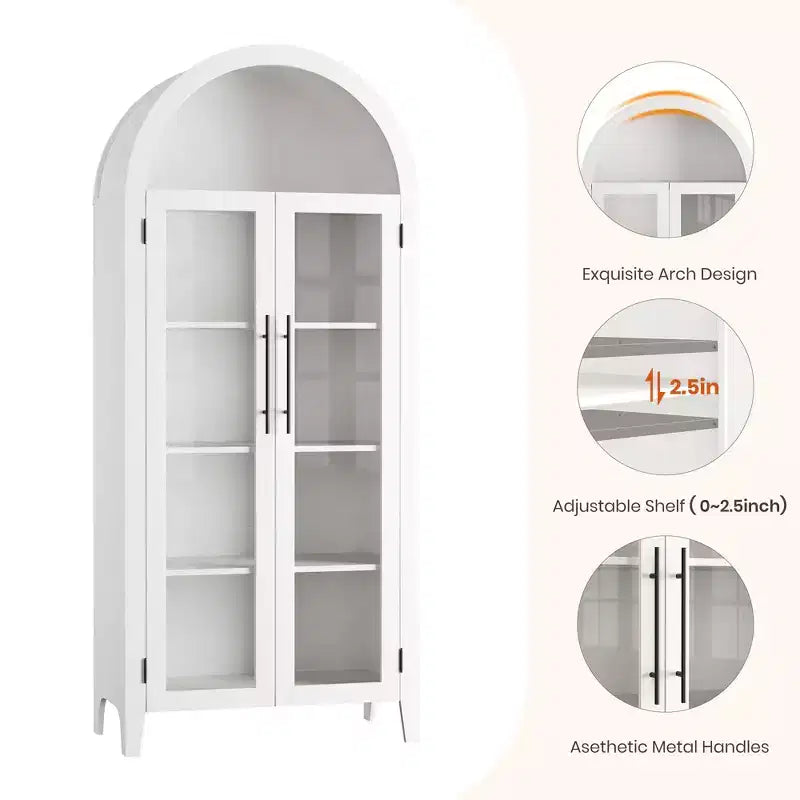 63.2 Armoire de cuisine cintrée, étagère de présentation à 5 niveaux avec étagère réglable et 2 grandes portes vitrées, pour cuisine, salle à manger, salon