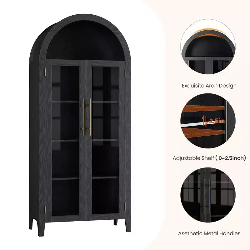 63.2 Armoire de cuisine cintrée, étagère de présentation à 5 niveaux avec étagère réglable et 2 grandes portes vitrées, pour cuisine, salle à manger, salon