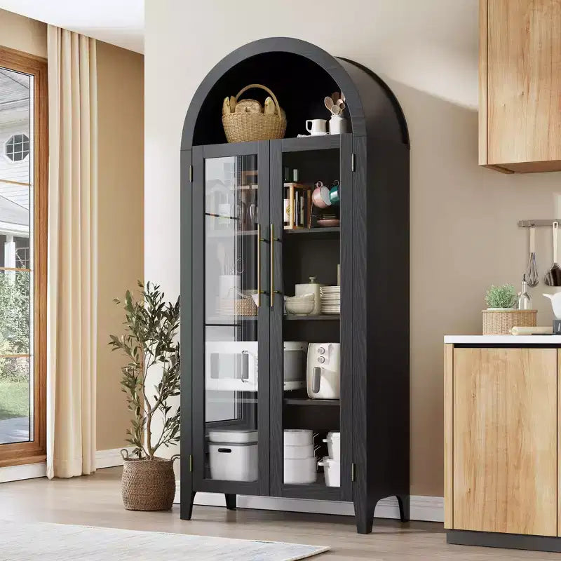 63.2 Armoire de cuisine cintrée, étagère de présentation à 5 niveaux avec étagère réglable et 2 grandes portes vitrées, pour cuisine, salle à manger, salon