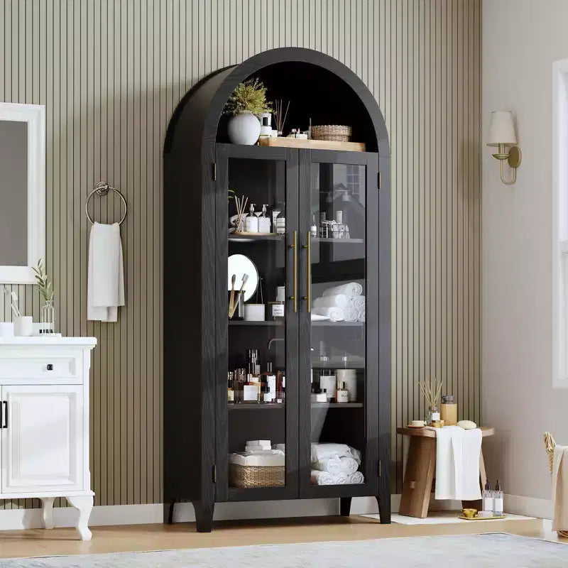 63.2 Arched Kitchen Pantry Cabinet, 5 Tier Display Shelf with Adjustable Shelf and 2 Large Glass Doors, for Kitchen, Dining Room, Living Room