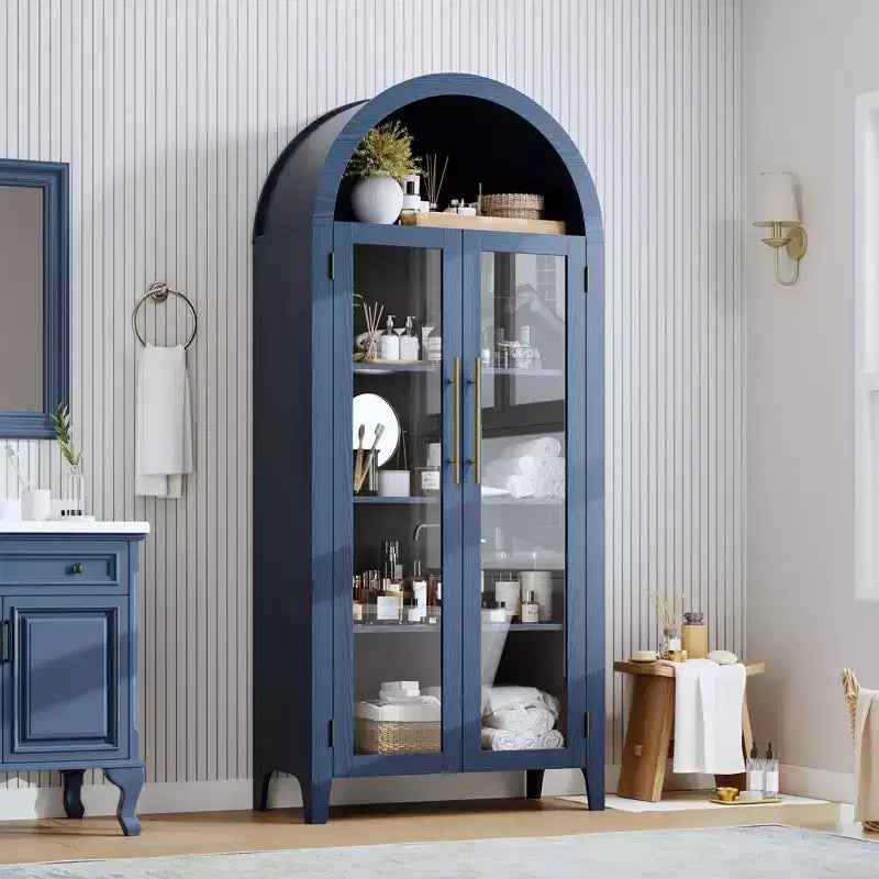 63.2 Armoire de cuisine cintrée, étagère de présentation à 5 niveaux avec étagère réglable et 2 grandes portes vitrées, pour cuisine, salle à manger, salon