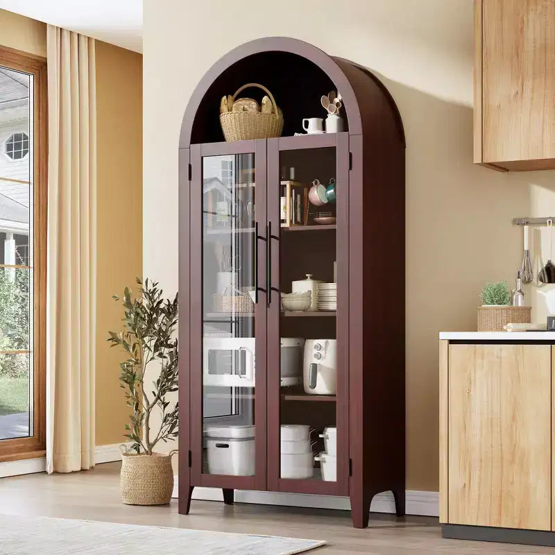 63.2 Armoire de cuisine cintrée, étagère de présentation à 5 niveaux avec étagère réglable et 2 grandes portes vitrées, pour cuisine, salle à manger, salon