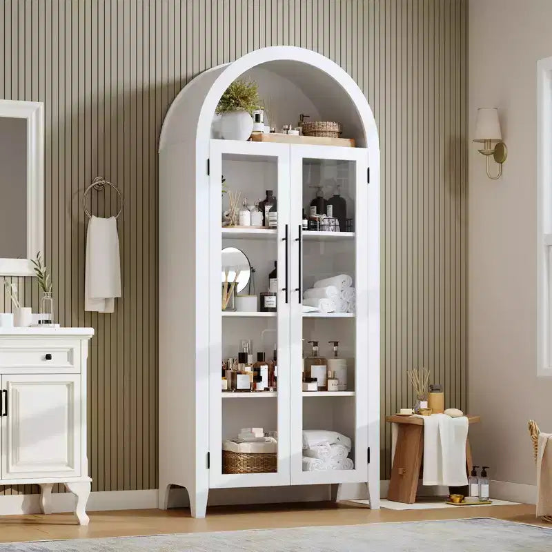 63.2 Armoire de cuisine cintrée, étagère de présentation à 5 niveaux avec étagère réglable et 2 grandes portes vitrées, pour cuisine, salle à manger, salon