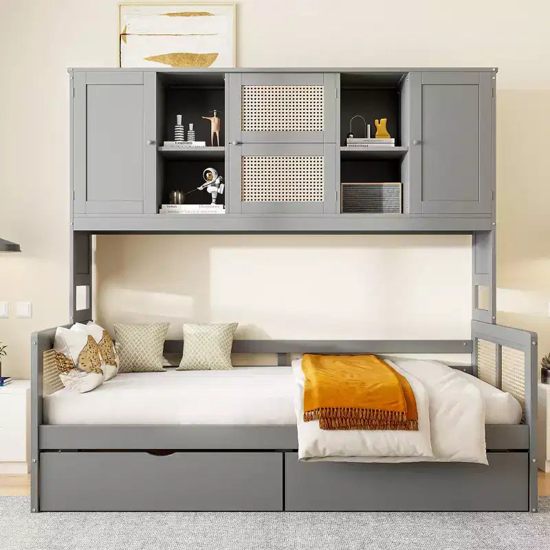 Twin/Full Daybed with and Storage Bookcase, Wooden Day Bed with Storage Cabinets Shelves