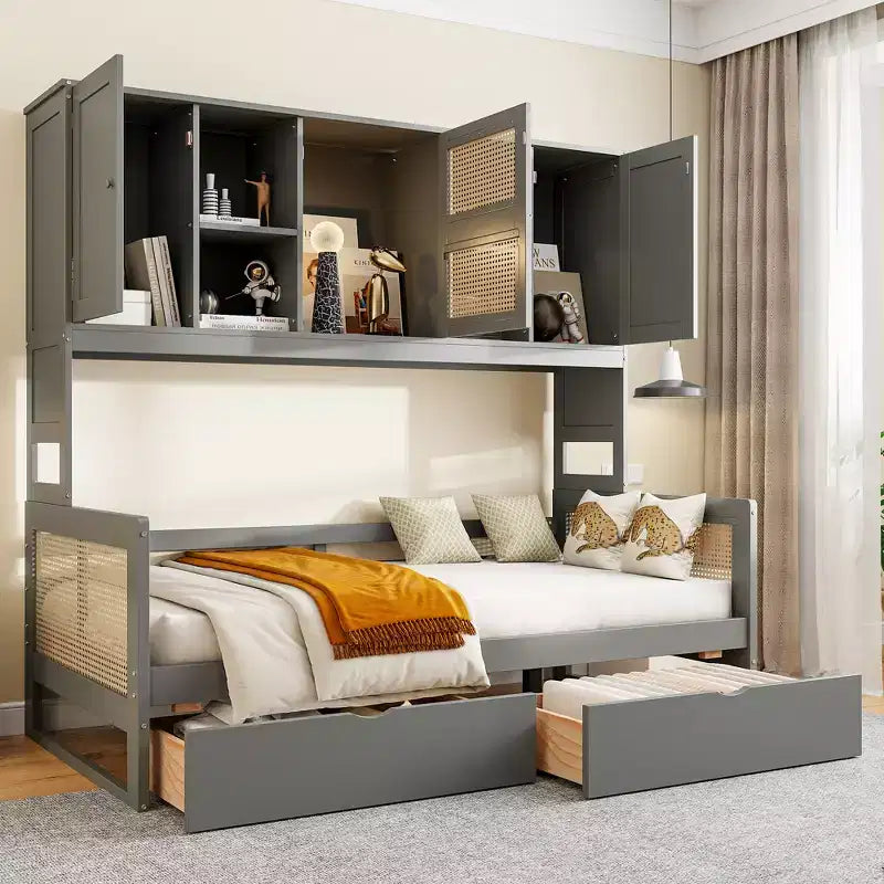 Lit de repos simple/double avec bibliothèque de rangement, lit de repos en bois avec armoires de rangement et étagères