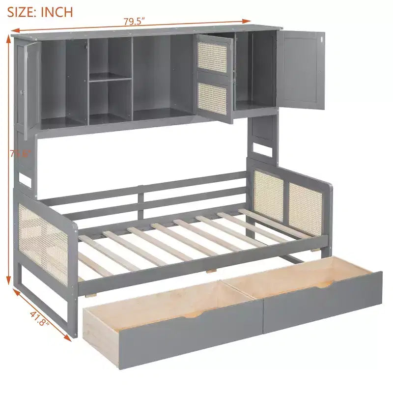 Lit de repos simple/double avec bibliothèque de rangement, lit de repos en bois avec armoires de rangement et étagères