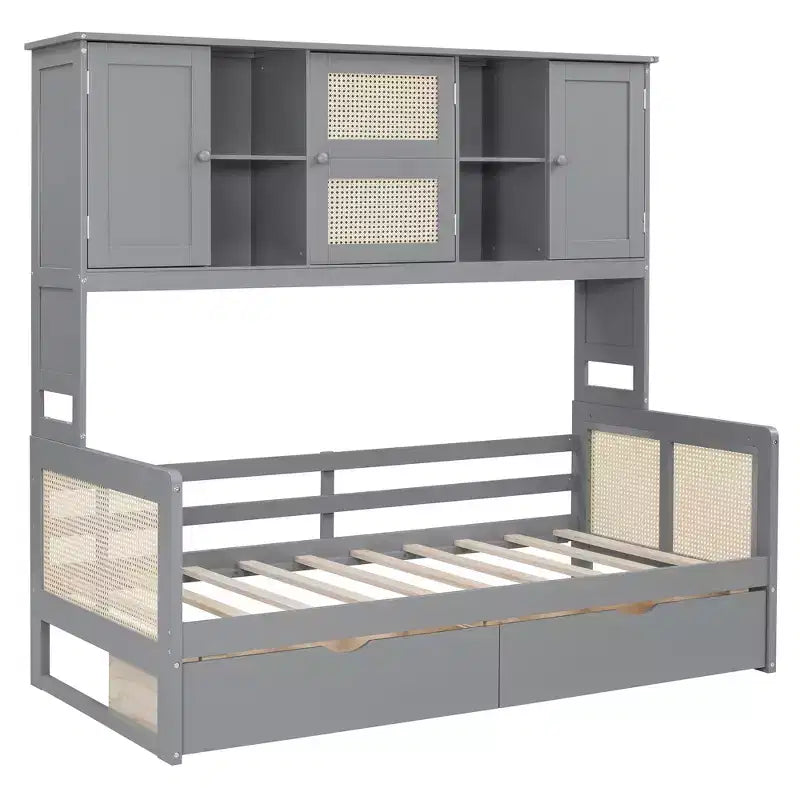 Lit de repos simple/double avec bibliothèque de rangement, lit de repos en bois avec armoires de rangement et étagères